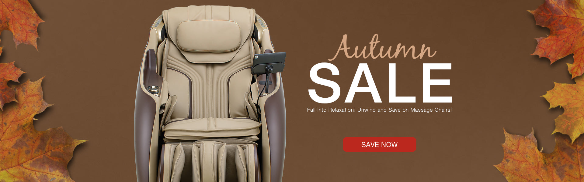 Massage chair with autumn leaves on a brown background and 'Autumn Sale' text.1621243260e1af0c20-0