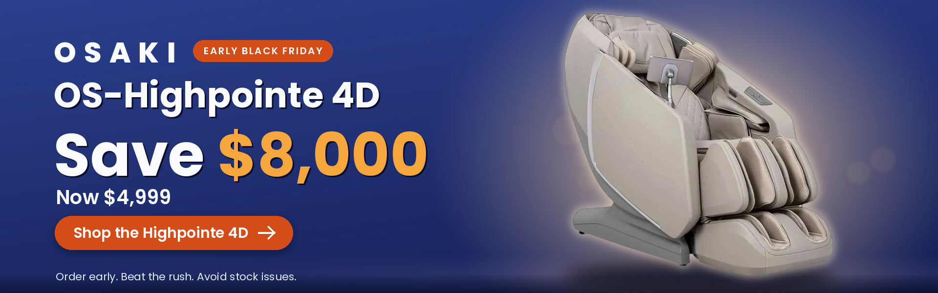 Osaki OS-Highpointe 4D massage chair in taupe. Save $8,000. Now $4,999. Early Black Friday. Shop the Highpointe 4D.