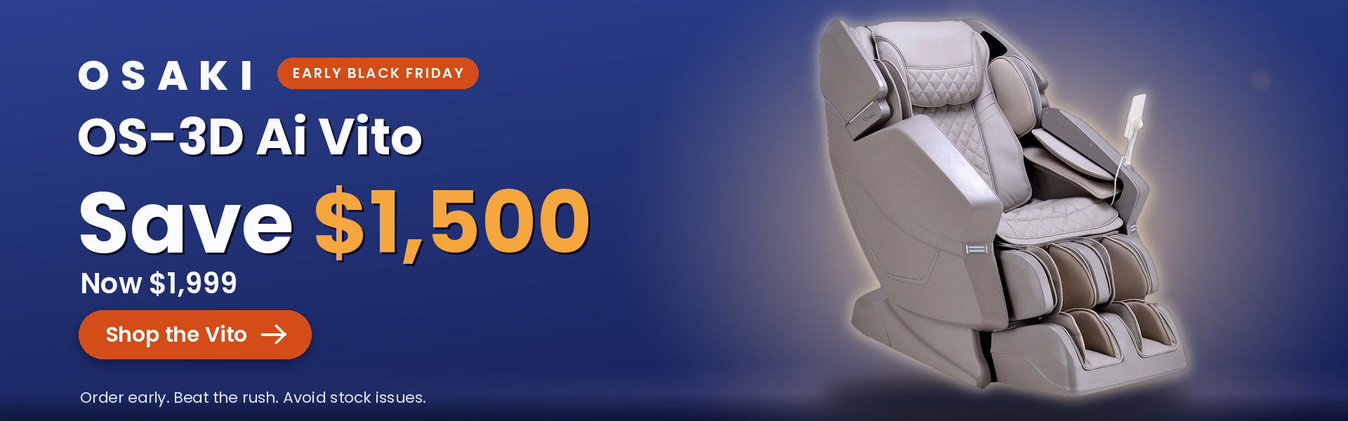 Osaki OS-3D Ai Vito massage chair in taupe. Save $1,500. Now $1,999. Early Black Friday. Shop the Vito.