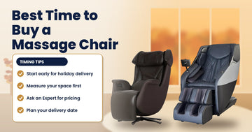 Osaki Milan and Titan Pro 4D Astro massage chairs in an autumn living room with a card of tips on the best time to buy a massage chair.