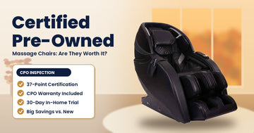 Certified pre-owned massage chair in a living room with an inspection checklist.