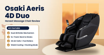 Osaki Aeris 4D Duo massage chair in black with a key features checklist.