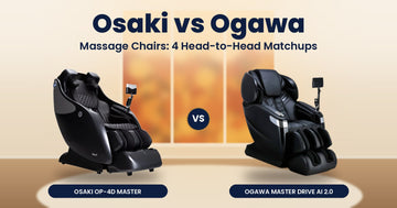 Osaki OP-4D Master and Ogawa Master Drive AI 2.0 massage chairs side by side with the headline Osaki vs Ogawa Massage Chairs.