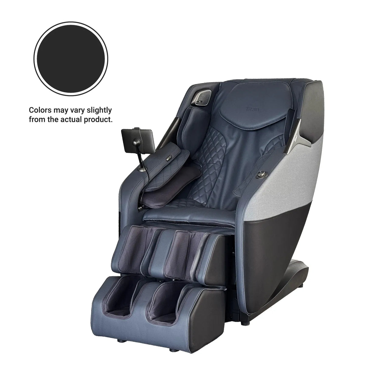 Titan Pro 4D Astro massage chair in Black, three-quarter front view with touchscreen remote