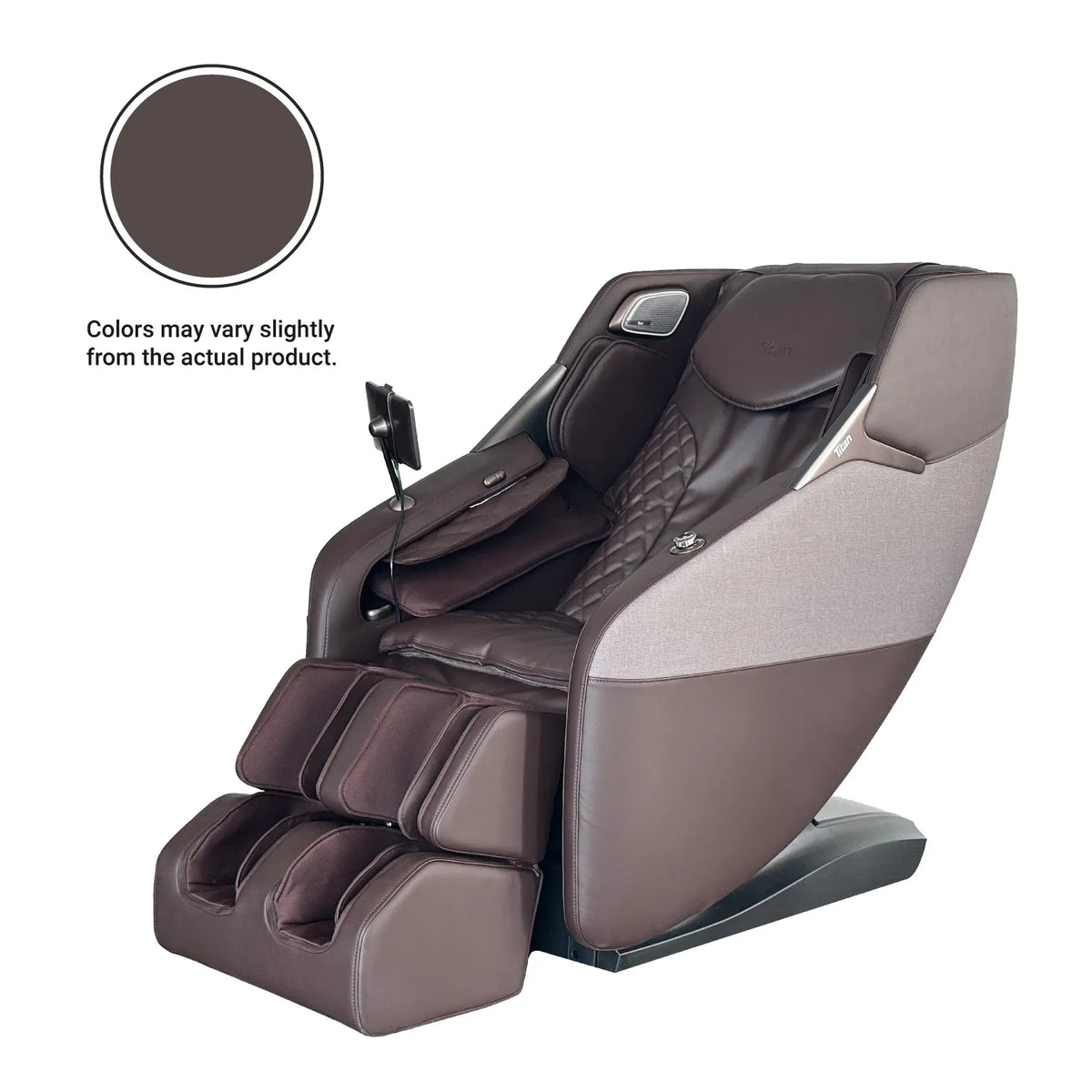 Titan Pro 4D Astro massage chair in Brown, three-quarter front view with touchscreen remote