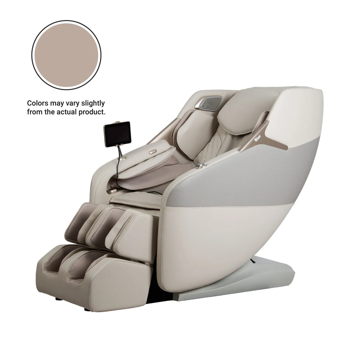 Titan Pro 4D Astro massage chair in Taupe, three-quarter front view with touchscreen remote