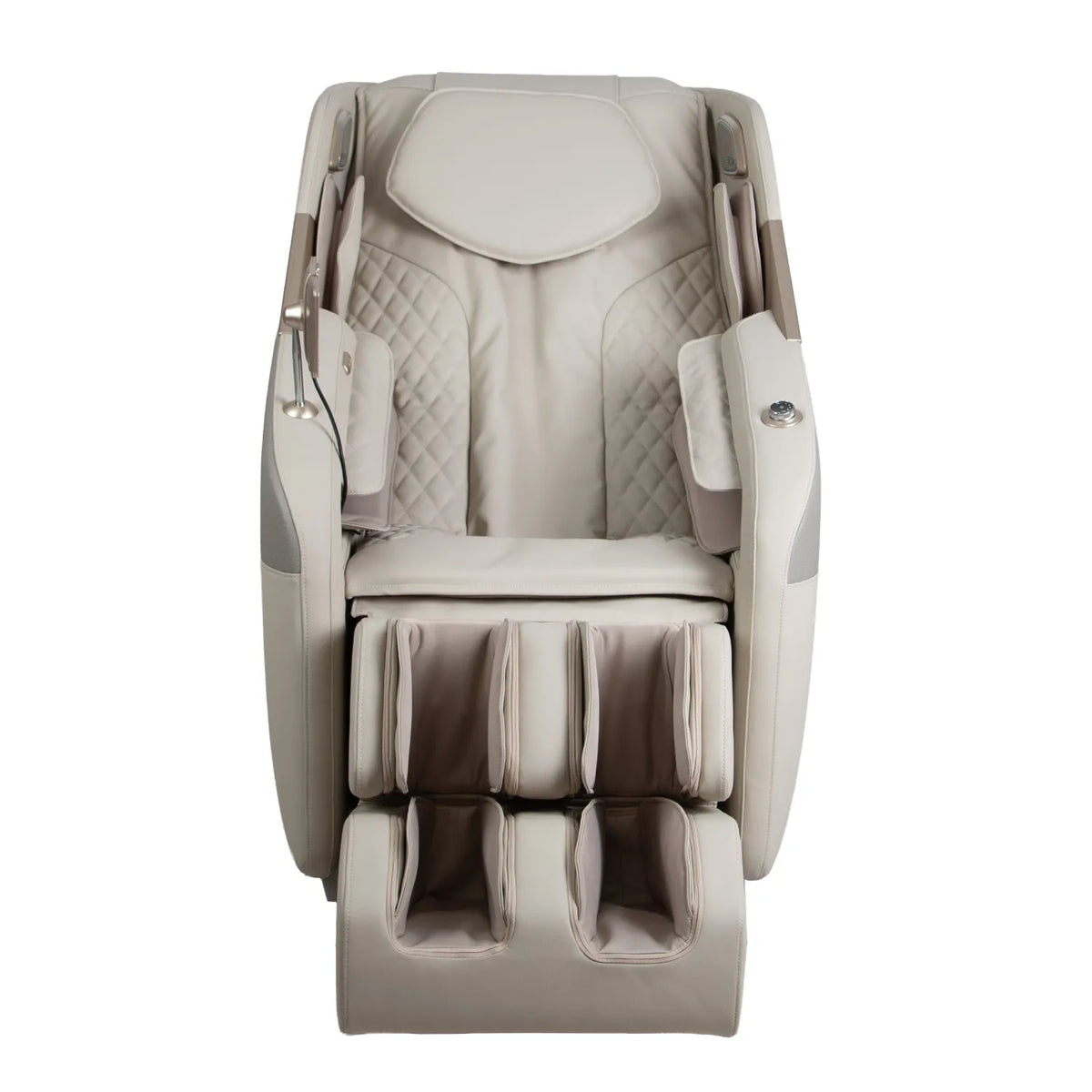 Front view of the Taupe Titan Pro 4D Astro showing the backrest, seat, and calf and foot wells