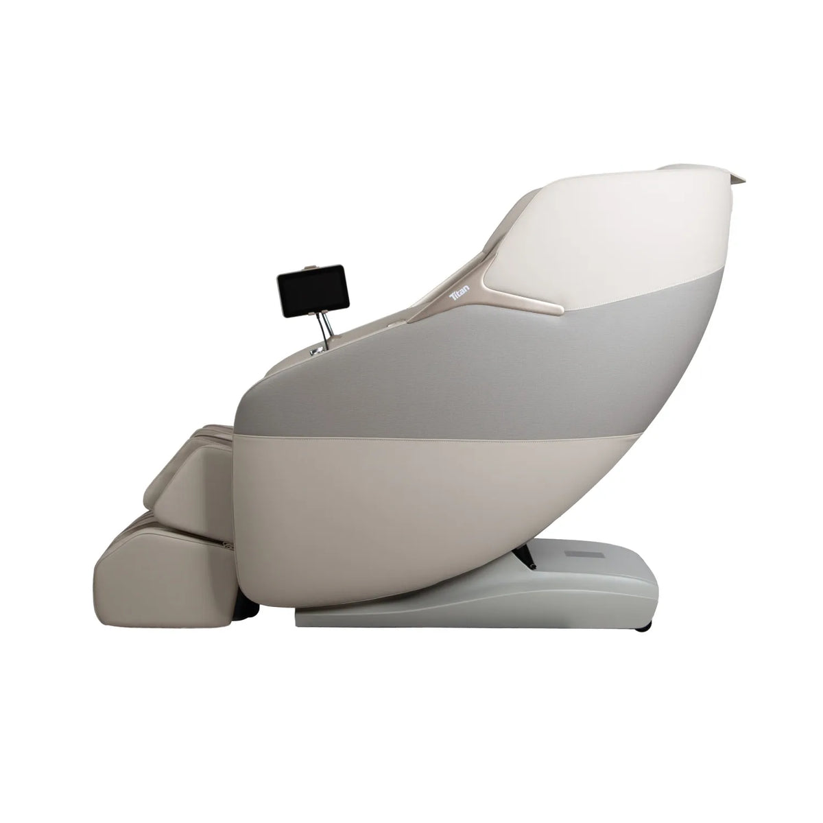 Side profile of the Taupe Titan Pro 4D Astro massage chair in the upright position