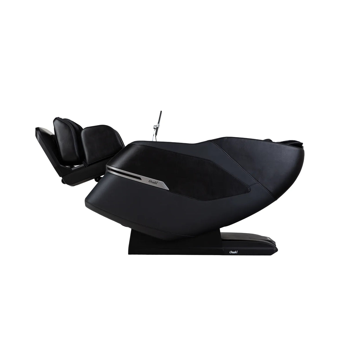 Black Osaki Aeris 4D Duo reclined in zero gravity with the leg rest raised, side view