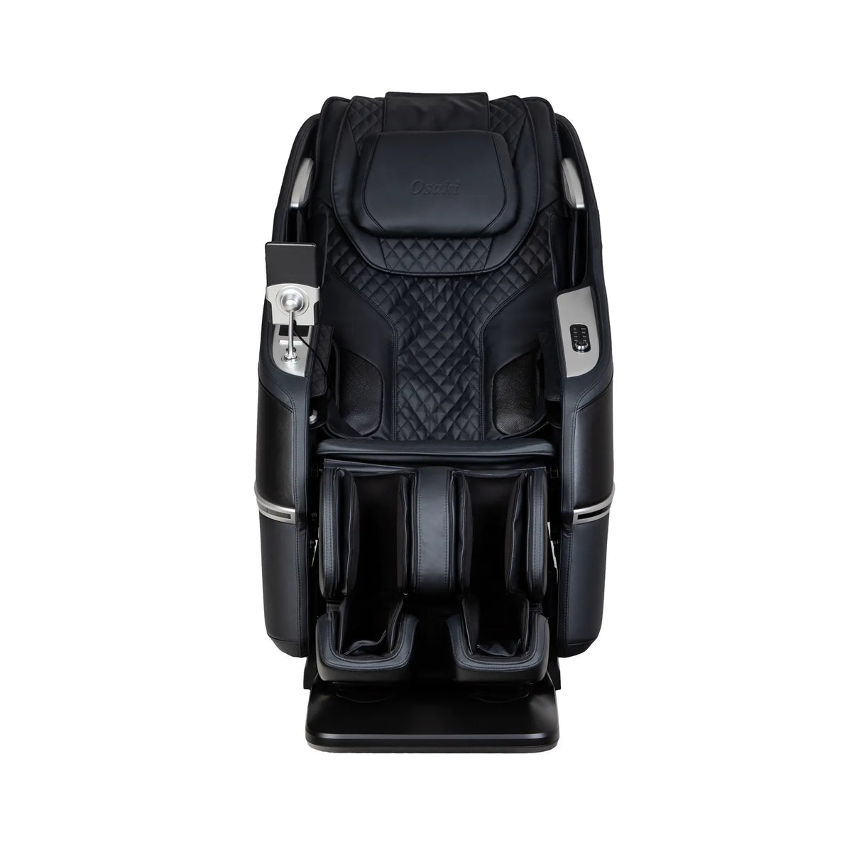 Front view of the Black Osaki Aeris 4D Duo showing the quilted backrest, headrest pillow, and touchscreen remote