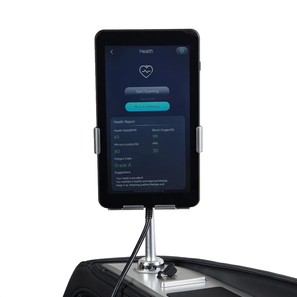 Osaki Aeris 4D Duo touchscreen remote on its armrest stand showing the health detection screen