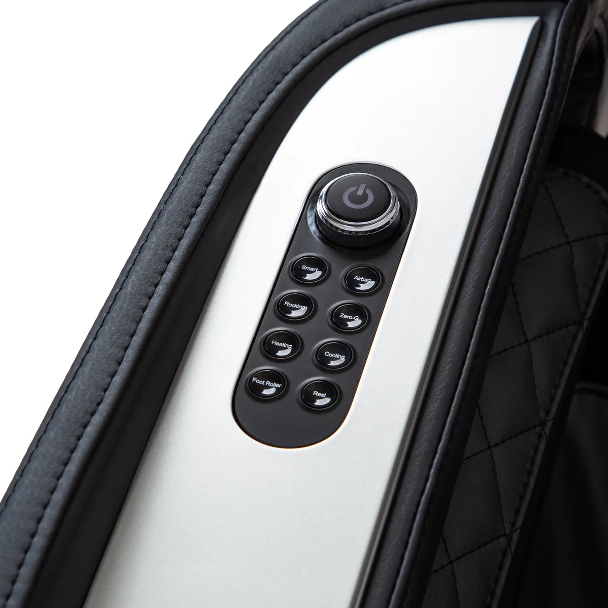 Armrest quick button panel with rotary power dial on the Black Osaki Aeris 4D Duo