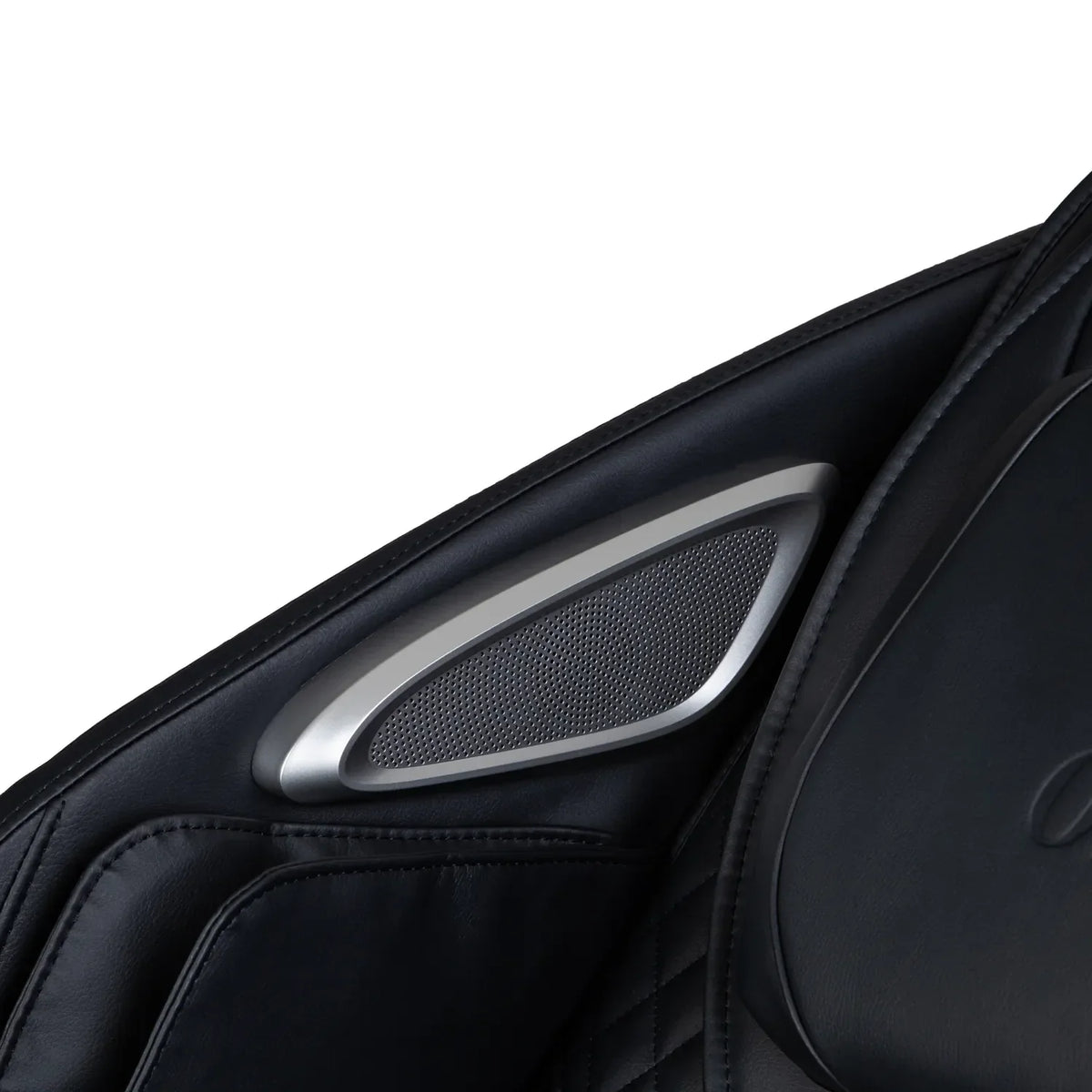 Close-up of the Bluetooth speaker grille in the headrest wing of the Black Osaki Aeris 4D Duo