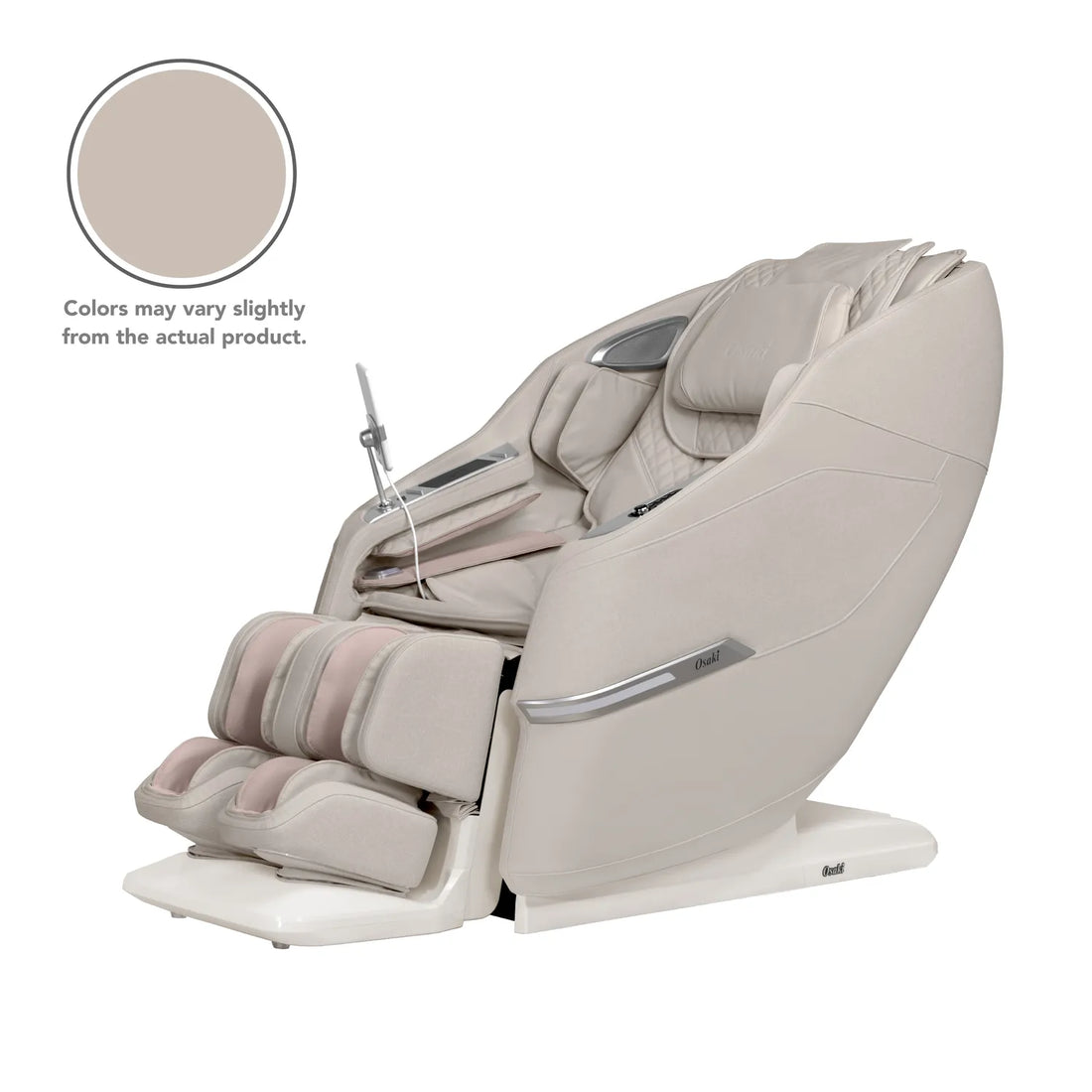 Osaki Aeris 4D Duo massage chair in Taupe, three-quarter front view on a white background
