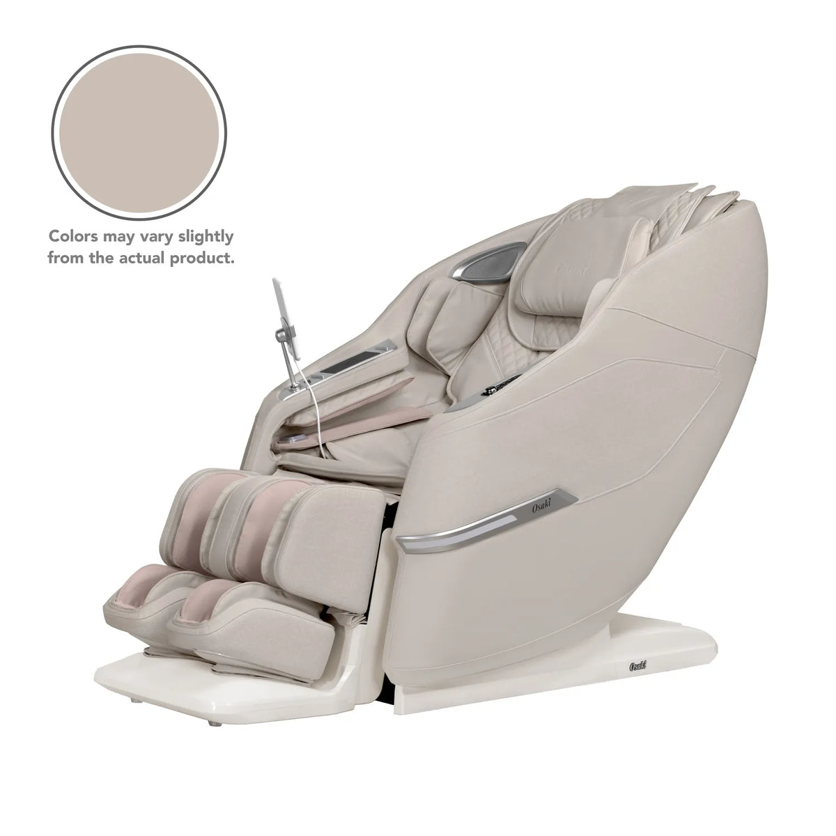 Osaki Aeris 4D Duo massage chair in Taupe, three-quarter front view on a white background
