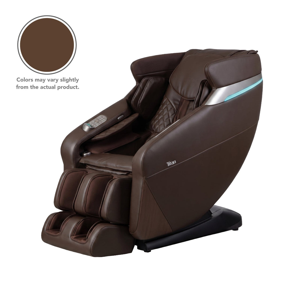 Titan Forma 3D+2D massage chair in Brown, three-quarter front view on a white background