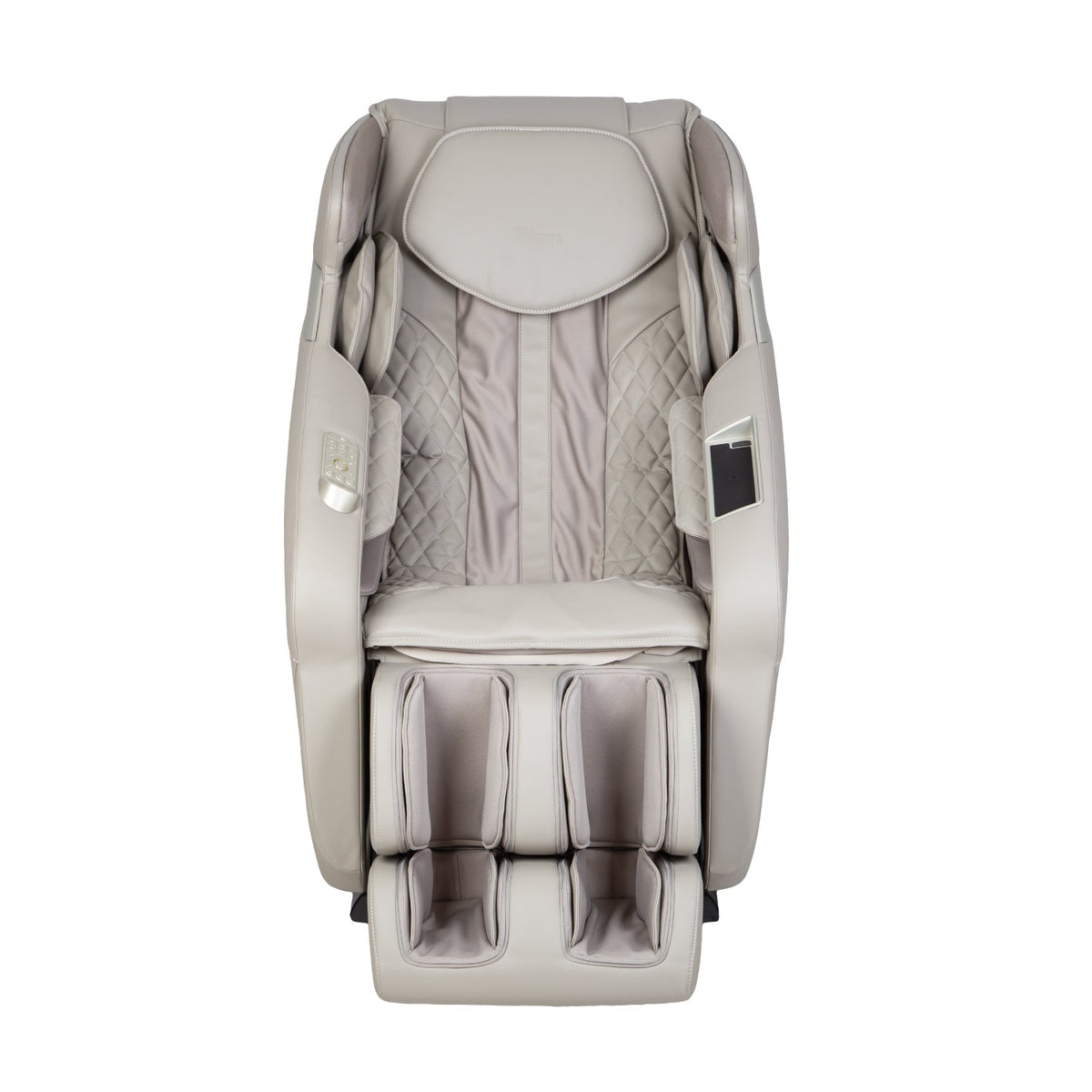 Front view of the Taupe Titan Forma 3D+2D showing the backrest, seat, armrest controls, and calf and foot wells