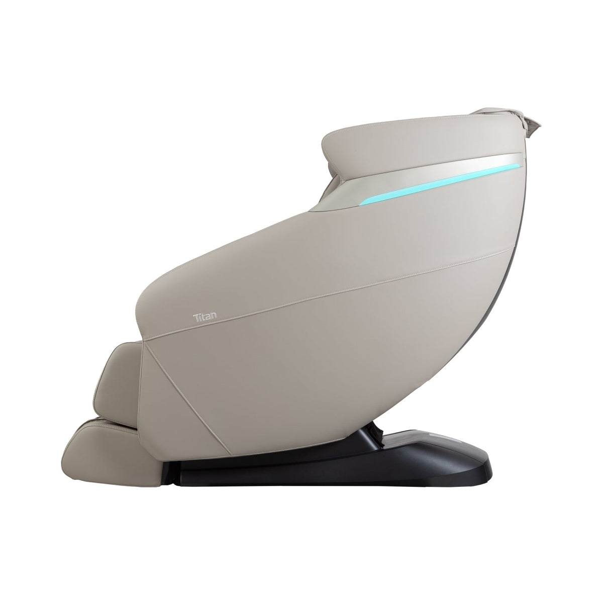 Side profile of the Taupe Titan Forma 3D+2D massage chair upright, with its LED accent light strip