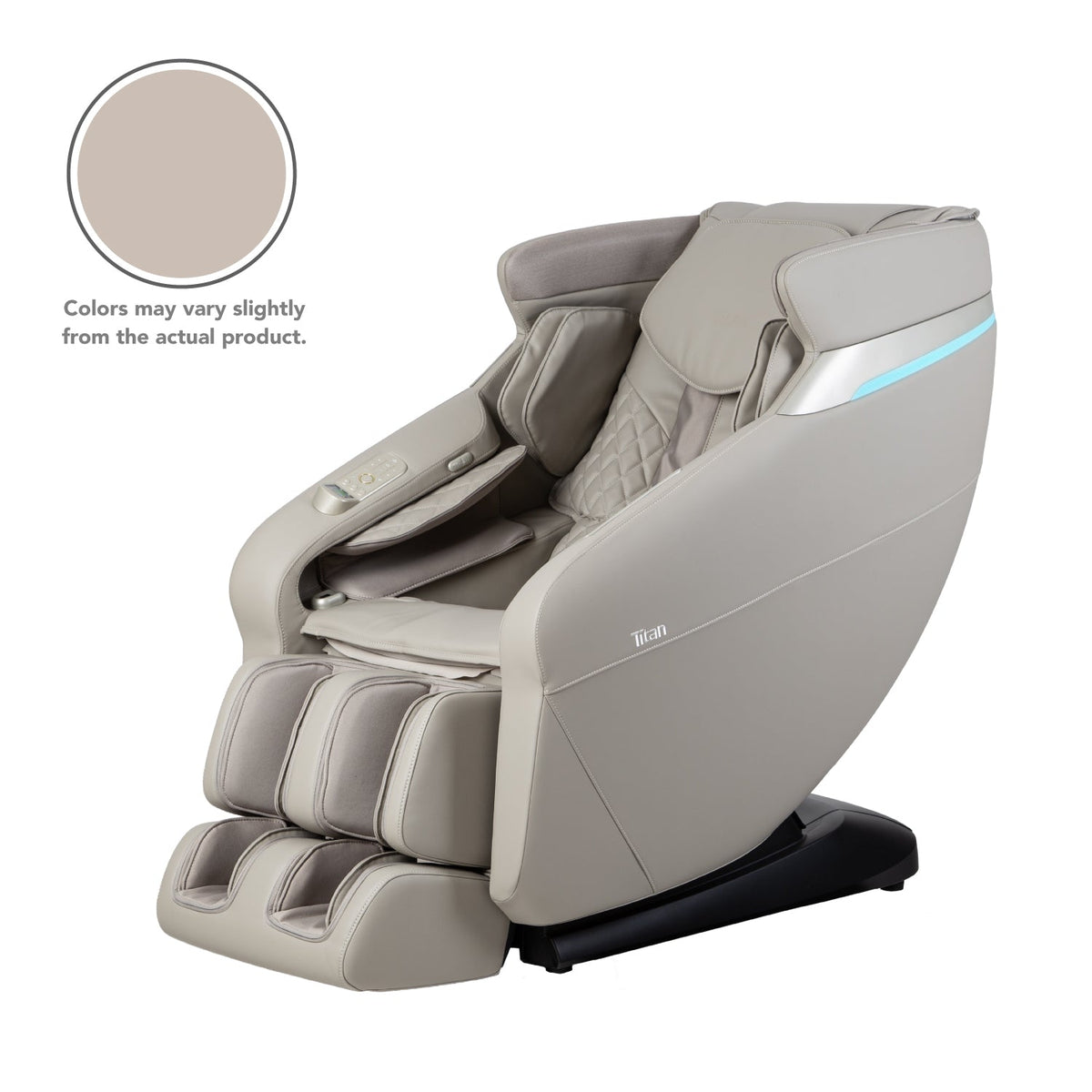 Titan Forma 3D+2D massage chair in Taupe, three-quarter front view on a white background