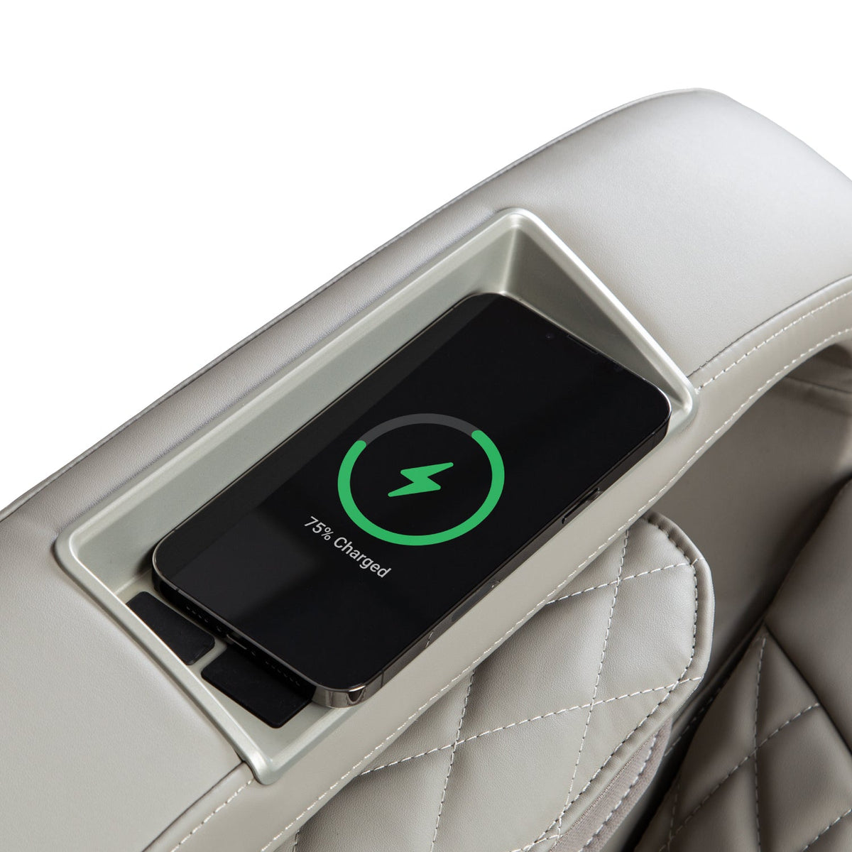 Smartphone charging on the Titan Forma 3D+2D armrest wireless charging pad