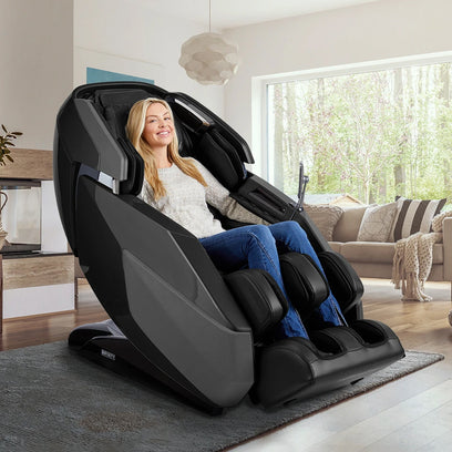 Infinity Imperial Syner-D Massage Chair Black Staged With Model Angled View