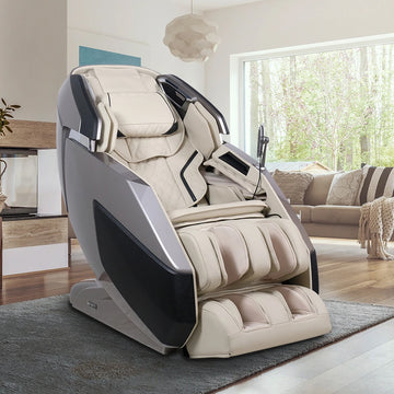 Infinity Imperial Syner-D Massage Chair Gray and Tan Angled View in Living Room