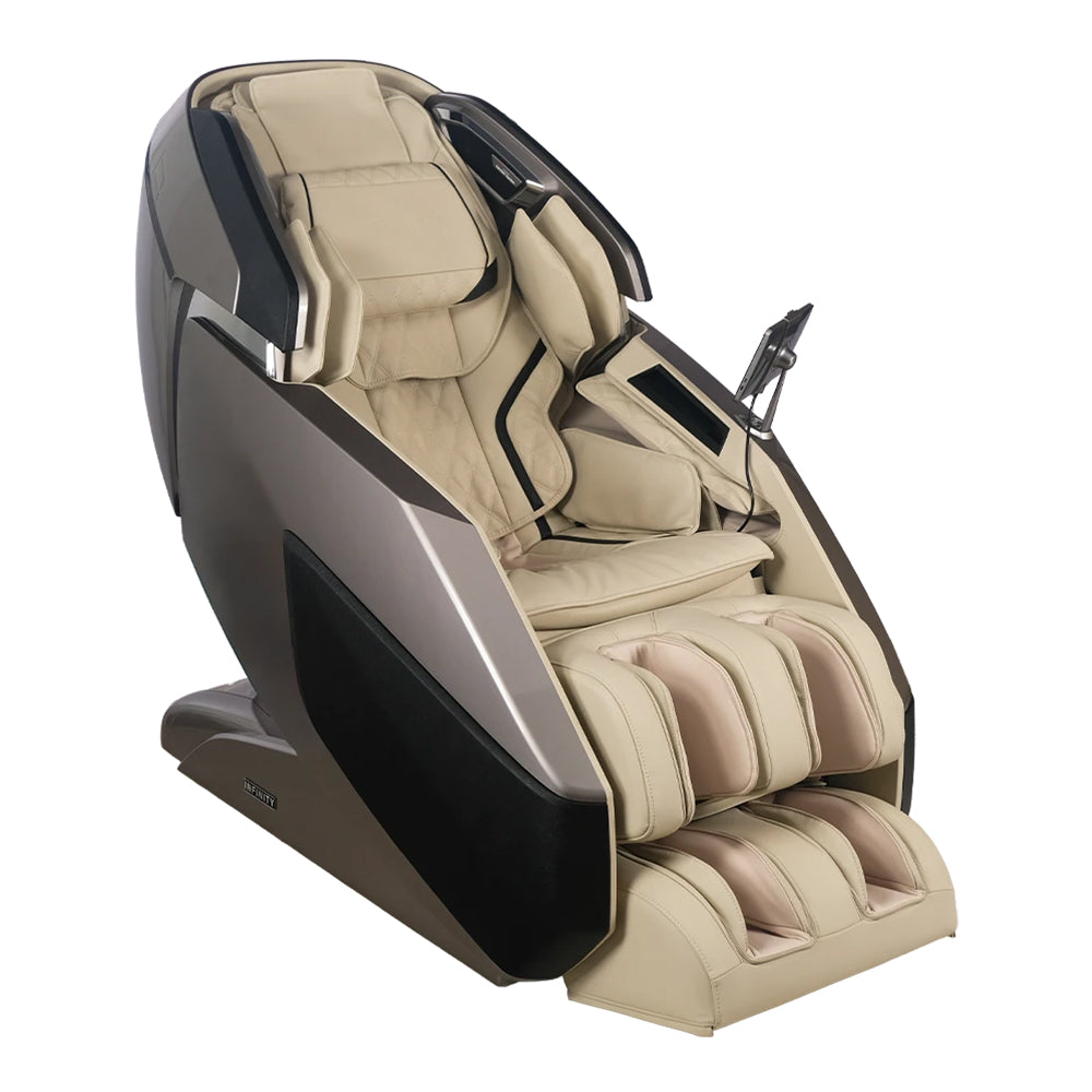 Infinity Ultra Imperial Syner-D Massage Chair Gray and Tan Angled View
