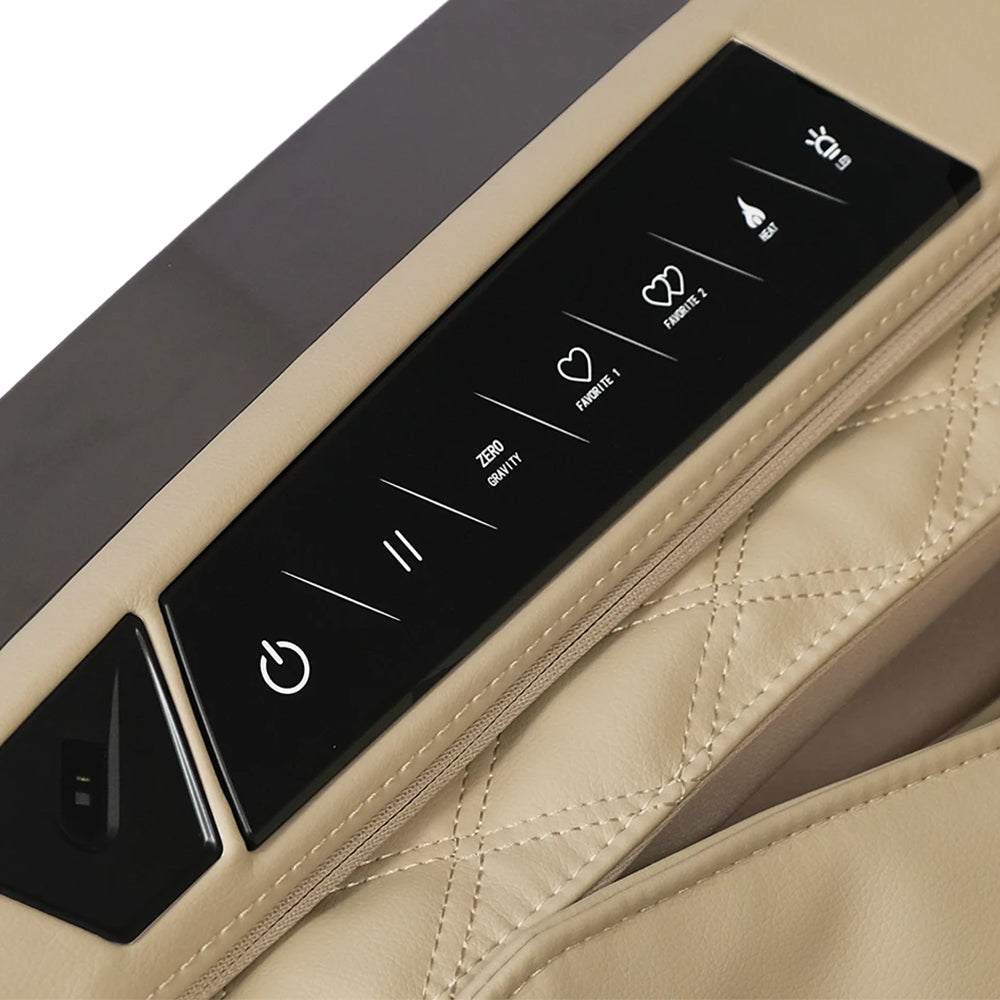 Infinity Ultra Imperial Syner-D Massage Chair Gray and Tan Armrest Controls