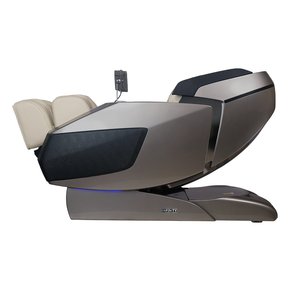 Infinity Ultra Imperial Syner-D Massage Chair Gray and Tan Recline Left