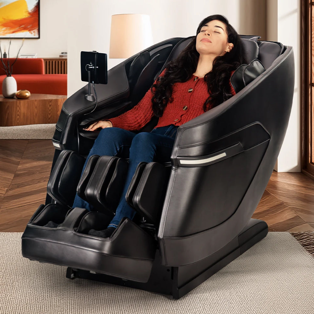 Kyota Zenyu M338 Massage Chair Black Reclined View with model