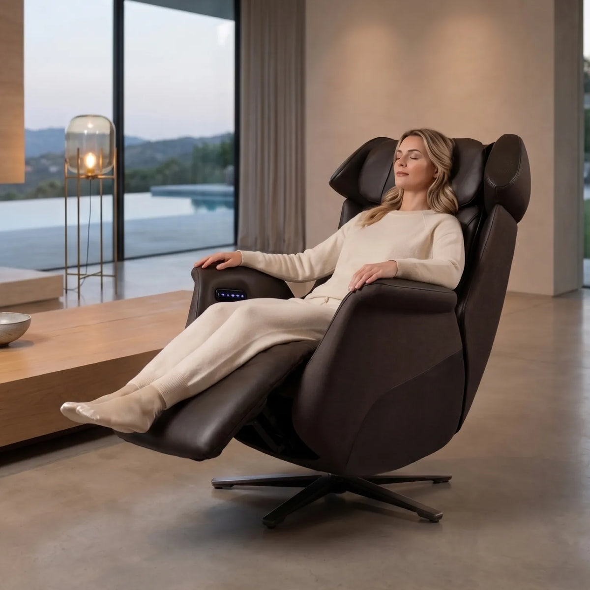 Woman reclining in a Brown Osaki Milan 3D Recliner in a modern living room with floor-to-ceiling windows