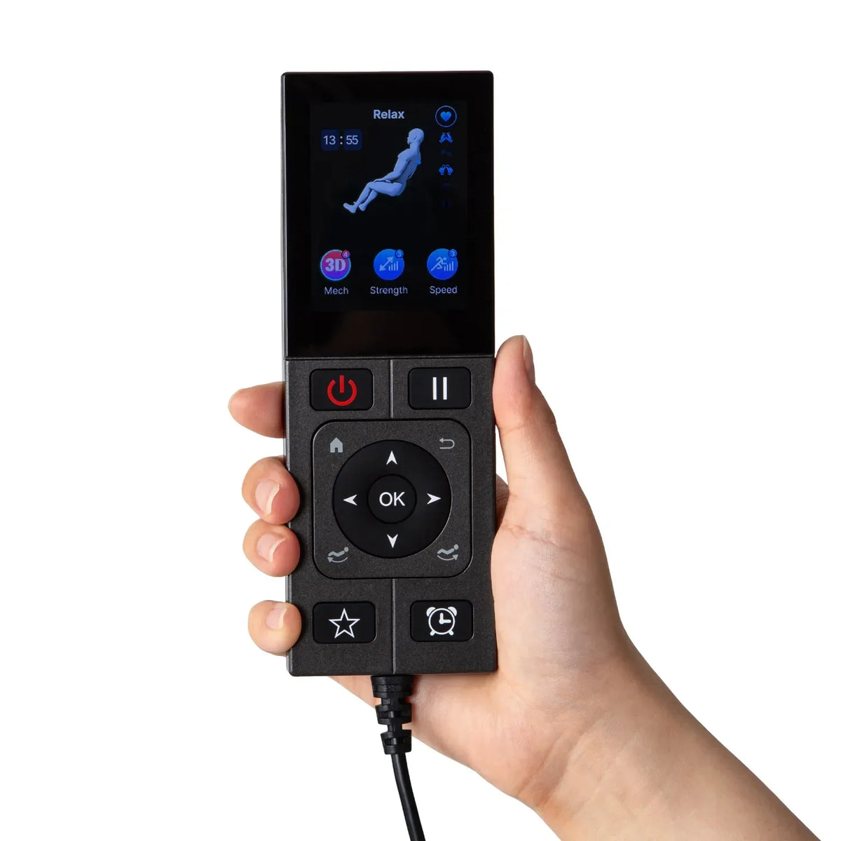 Hand holding the Osaki Milan 3D Recliner handheld remote with display screen and navigation buttons
