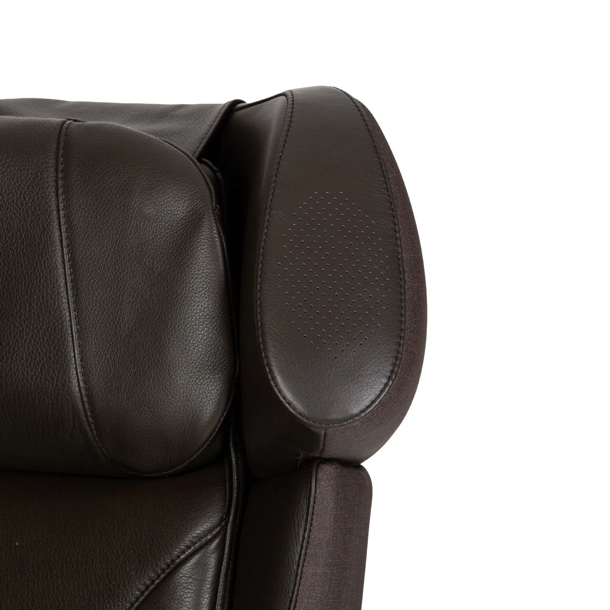 Close-up of the Brown Osaki Milan 3D Recliner headrest wing where the Bluetooth speaker sits