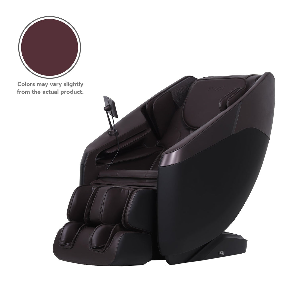 Osaki Nova II 3D+ massage chair in Brown, three-quarter front view with the remote controller on its armrest stand