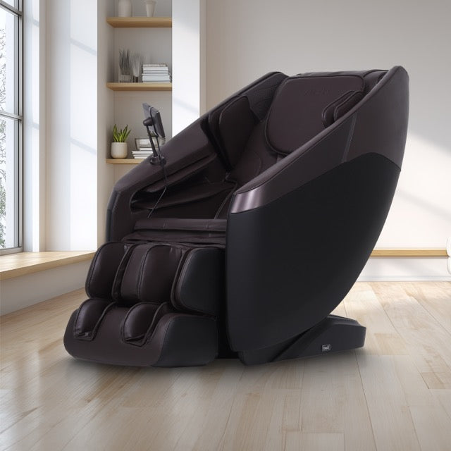 Brown Osaki Nova II 3D+ massage chair on a light wood floor in a modern living room