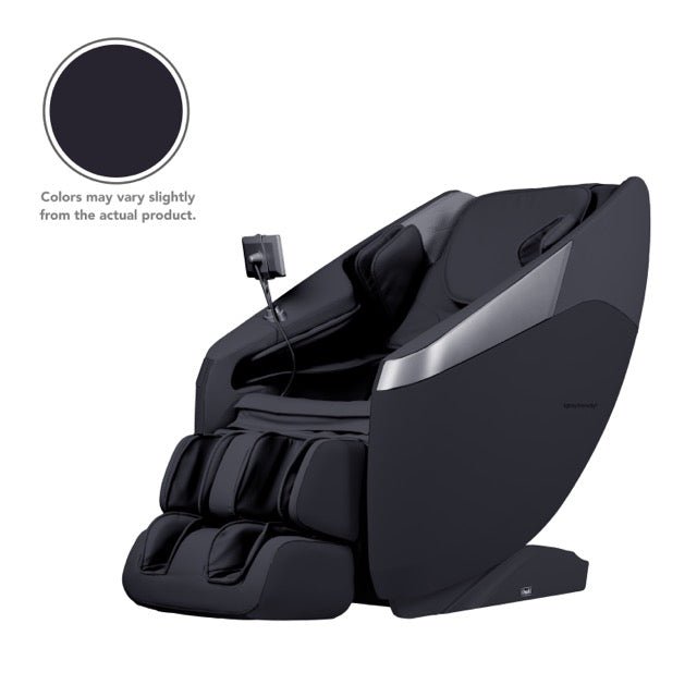 Osaki Nova II 3D+ massage chair in Black, three-quarter front view with the remote controller on its armrest stand