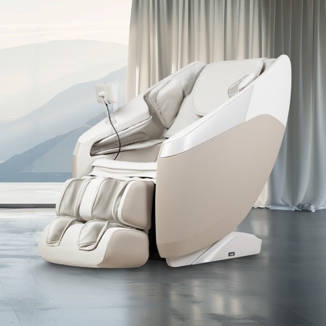 Taupe Osaki Nova II 3D+ massage chair in a bright room with sheer curtains and a mountain view