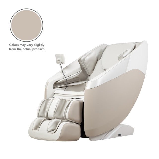 Osaki Nova II 3D+ massage chair in Taupe, three-quarter front view with the remote controller on its armrest stand