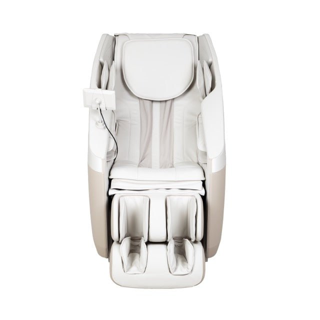 Front view of the Taupe Osaki Nova II 3D+ showing the backrest, seat, and calf and foot wells