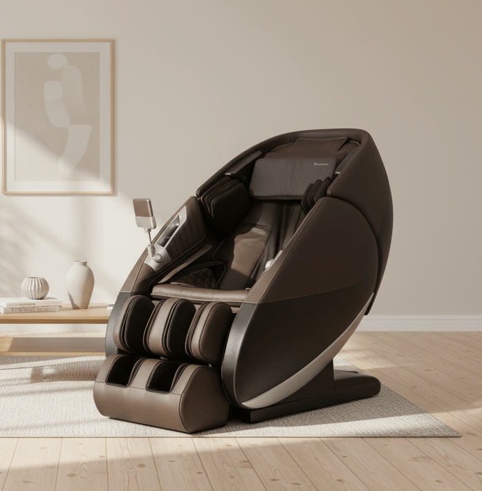 Espresso Human Touch Super Novo 3.0 massage chair in a living room setting