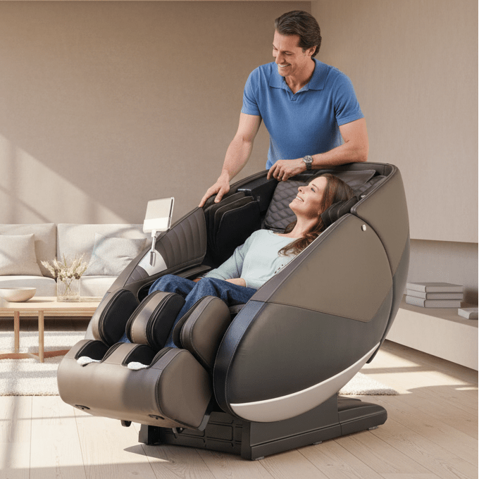 Man standing behind a woman relaxing in the Human Touch Super Novo 3.0 massage chair in a living room