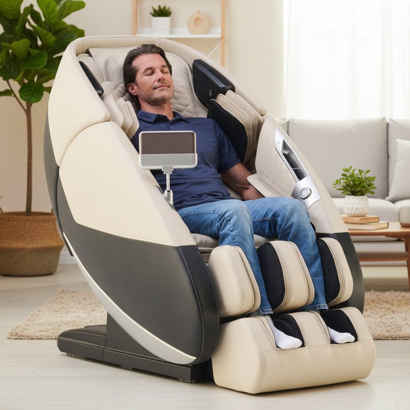 Man relaxing in a Cream Human Touch Super Novo 3.0 massage chair in a bright living room