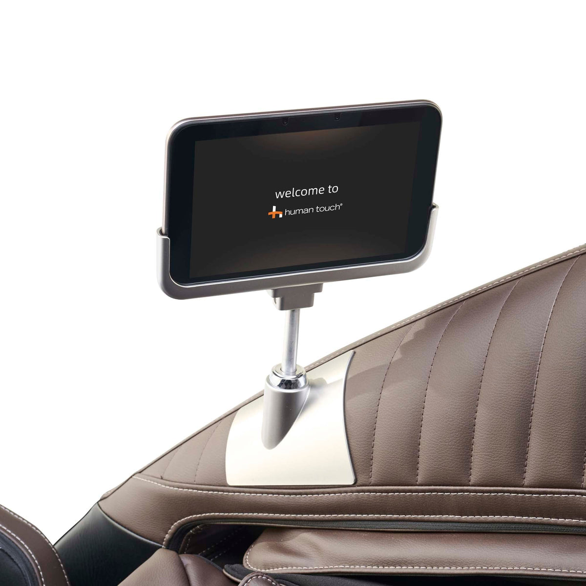 Human Touch Super Novo 3.0 8 inch wireless touchscreen tablet controller on its stand above the Espresso armrest