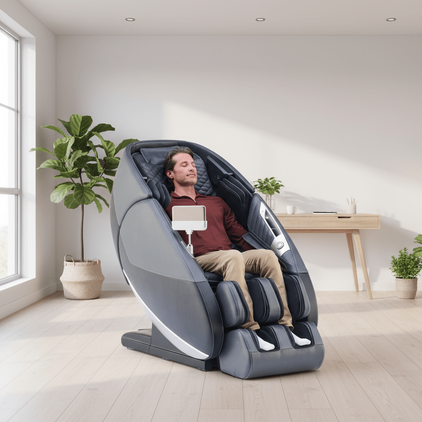 Man reclining in a Gray Human Touch Super Novo 3.0 massage chair beside a large window