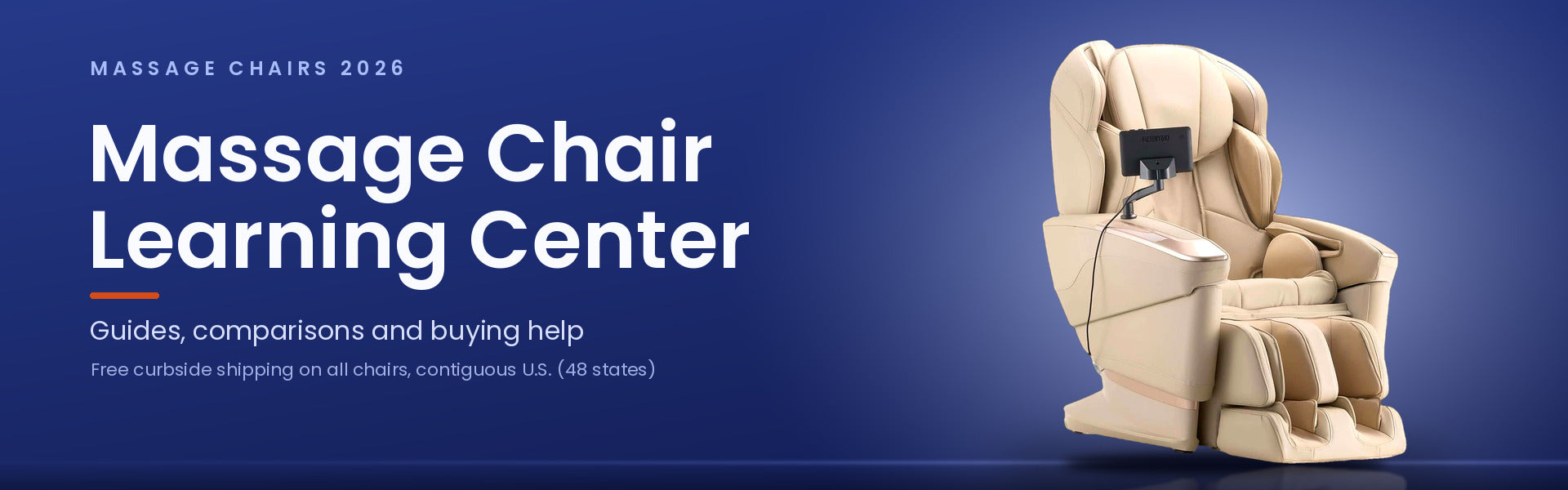 Fujiiryoki Cyber Relax AI 5D Massage Chair massage chair in cream beside the title Massage Chair Learning Center, Massage Chairs 2026.
